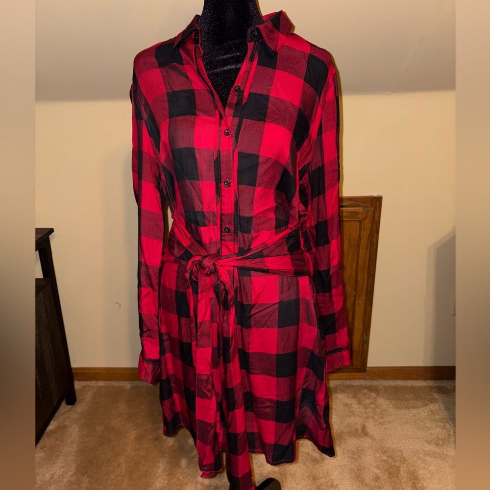 Maison Jules Red and Black Plaid Dress